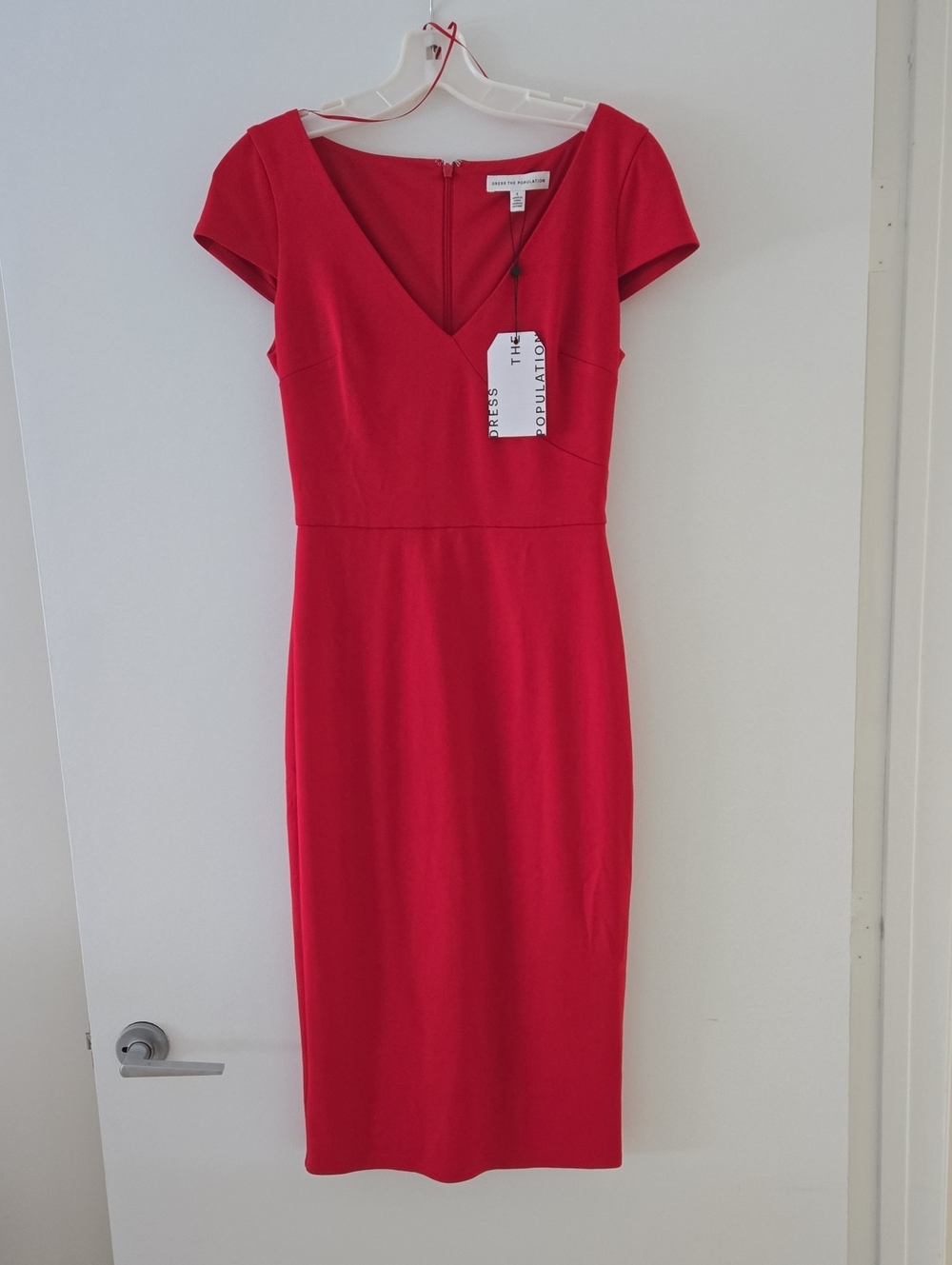 Dress the Population Red Midi Dress V-Neck Cap Sleeve
